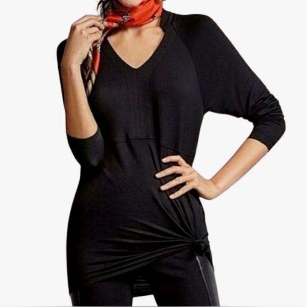 CAbi Gala Long Sleeve Split Neck Knit Top in Dark Black Women’s S